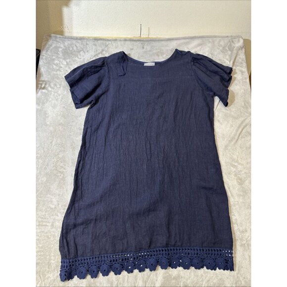 Bellambia 100% Linen Dress Size 2X Plus Short Sleeve Navy Blue Crochet Hem Boho - Picture 1 of 14